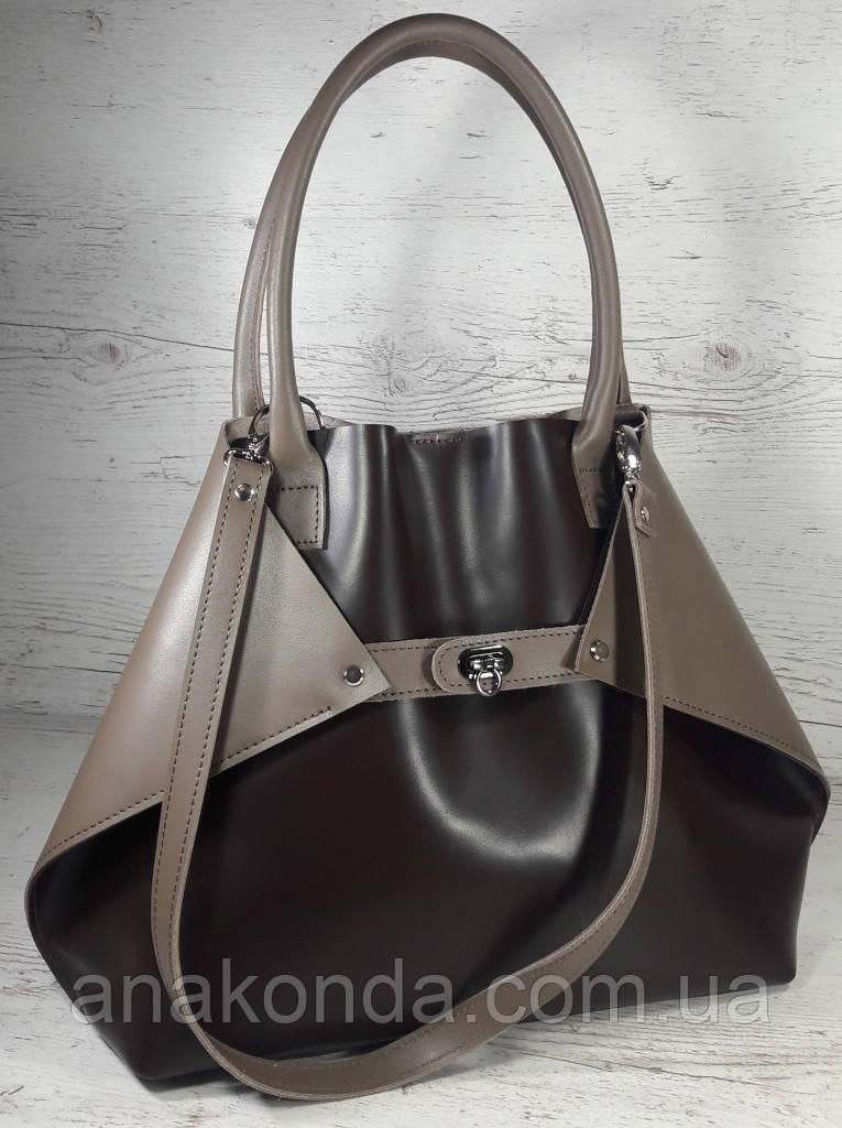 373 Натуральна шкіра, Сумка-трансформер жіноча без підкладки, шоколад (темно-коричнева) + тауп (пісочна, беж)