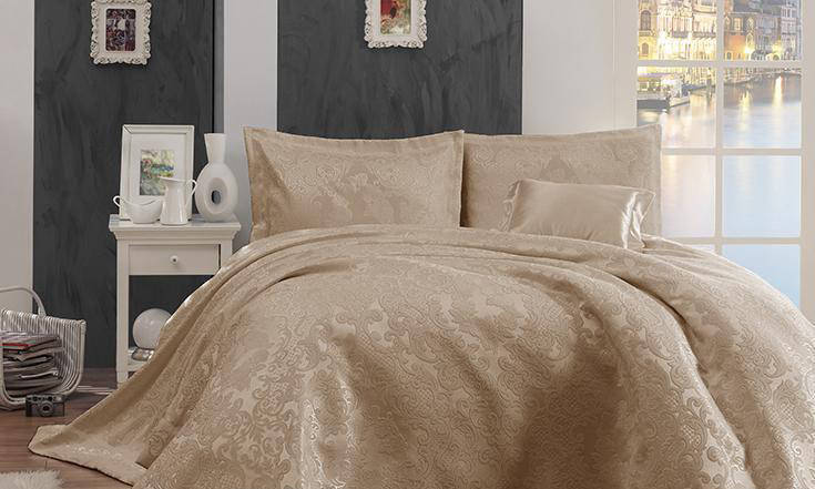 Комплект простирадло 240*260 з наволочками First Choice Sonil Pique Eftelya ekru, фото 1
