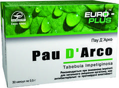 Пау Д'Арко (Євро Плюс) 30 капс. по 500 мг. у разі захворювань бактеріальної, вірусної, паразитарної та грибкової.