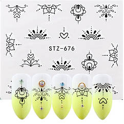 Наклейки для Ногтів Водні Чорного кольору Серія STZ 676 Квіти, Пластина 6,5 х 5 см