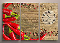 Часы настенные для кухни холст з красным Перцем специи габарит 90х60 3 модуля