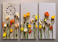 Часы модульные настенные фотопечать Цветы маки на холсте абстракция габарит 90*60 из 3 ч