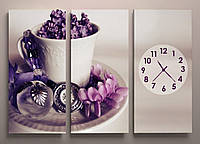 Картина модульная часы для кухни букет сирени в чашке подарок девушке габарит 90*60х3 частей
