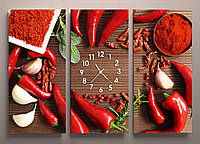 Картина модульная с часами смесь красных перцев чеснок базилик картина для кухни габарит 90*60 х3