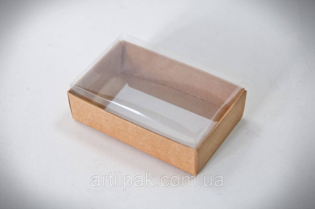 Маленька коробочка для цукерок/ бонбоньєрка Крафт з прозорою кришкою 95*60*30, фото 1