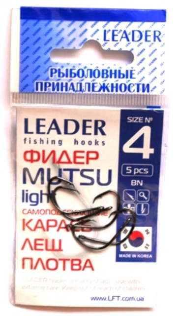 Гачки для риболовлі Leader MUTSU light BN №4, 5шт