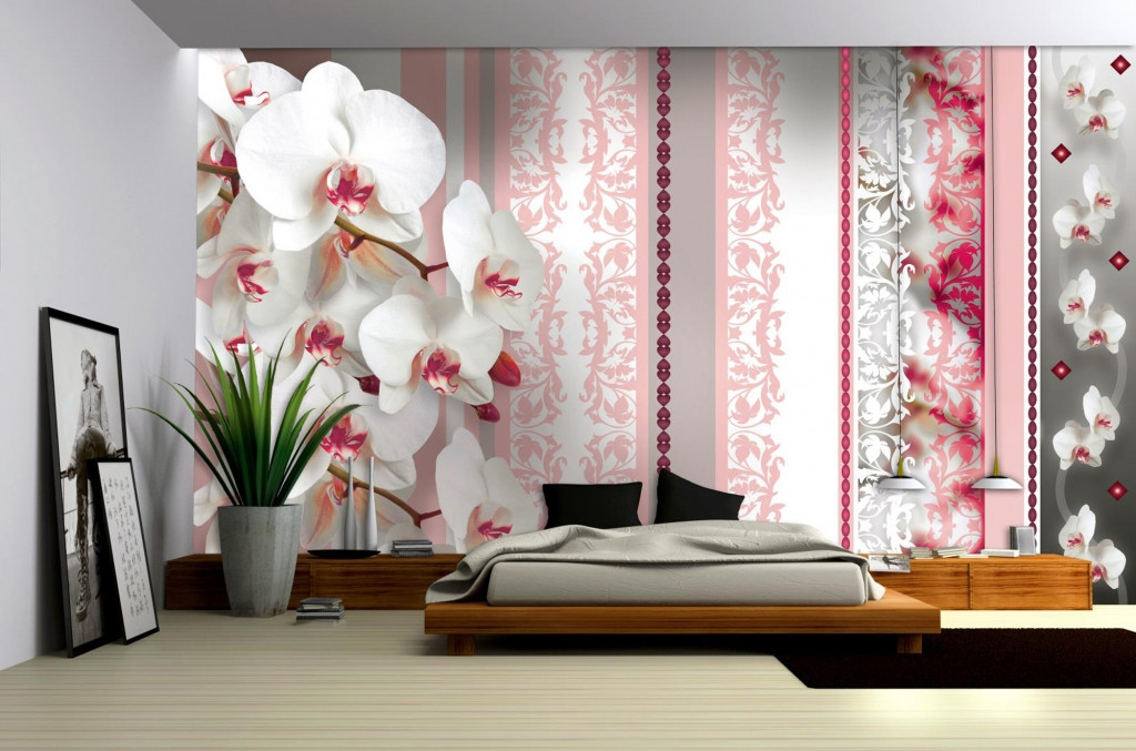 Флізелінові фото шпалери з візерунками квіти 312x219 см 3D Орхідеї і рожеві смужки 1302VEXXL+клей
