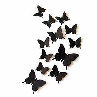 Объемные 3D бабочки для декора черные однотонные (на скотче)