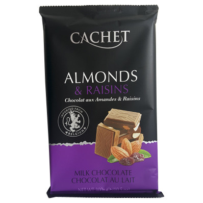 Шоколад молочний Cachet Кашет Almonds & Raisins з мигдалем і родзинками, вміст какао 54%, 300 г, Бельгія