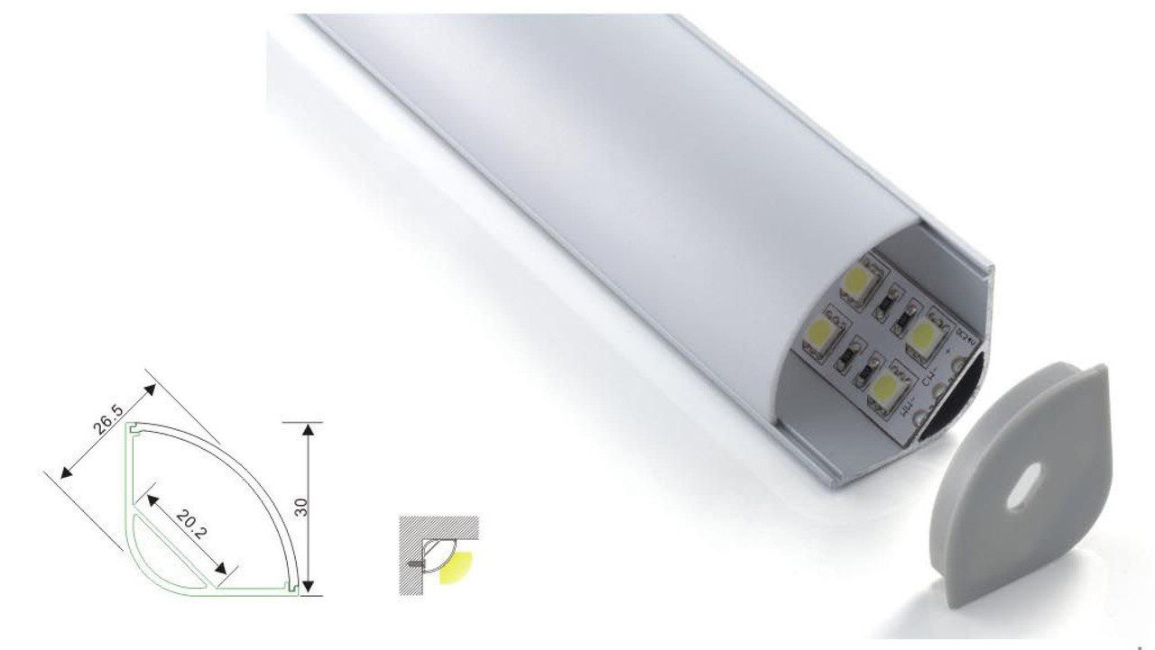 Алюминиевый профиль для светодиодной ленты угловой 27х27 c диффузором - фото 1 - id-p66287528