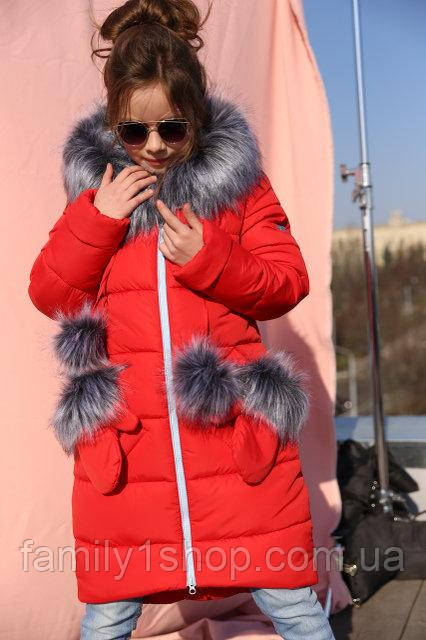 Зимняя куртка для девочки с меховыми помпонами и оригинальными съемными варежками. - фото 1 - id-p577005949
