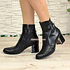Черевики шкіряні чорні на невисокому каблуці, декоровані ремінцем, фото 3