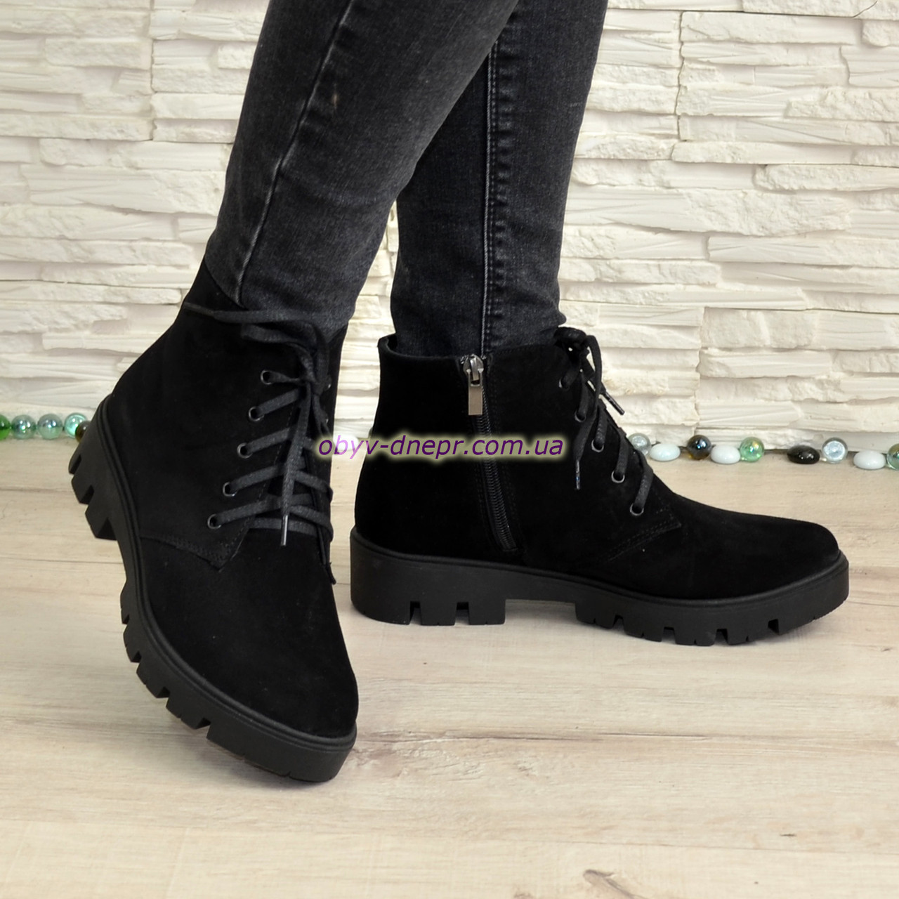 Черевики жіночі замшеві на шнурівці, потовщена підошва, фото 1