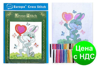 Вишивка хрестом "Заєць з повітряною кулькою-сердечком на лузі" (20*28 див.) кольоровий фон, тонкі нитки