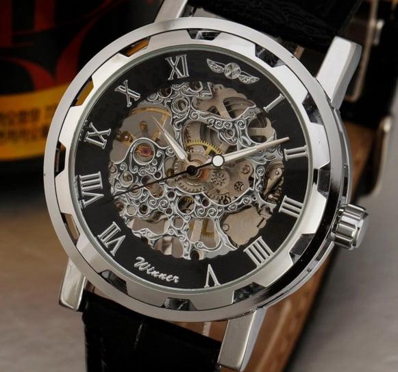 Мужские механические часы Winner Silver&Black. Наручные часы скелетон мужчине