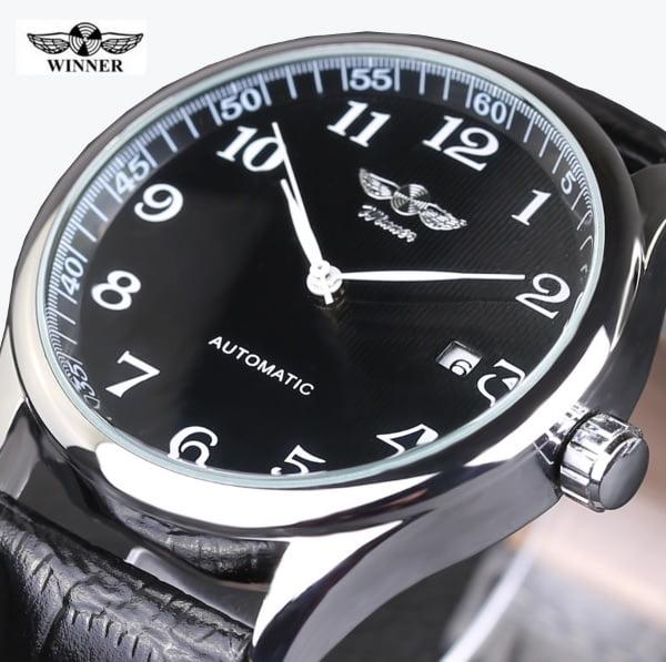 Мужские механические часы Winner Lux Black. Классические наручные часы с отображением даты