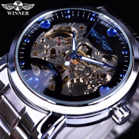 Чоловічий механічний годинник Winner Steel Blue. Наручний годинник скелетоны з автопідзаводом