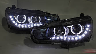 Передні фари Mitsubishi Lancer X тюнінг Led оптика (лінза під ксенон)