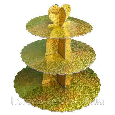 Стенд триярусний картонний для капкейків круглий золотого кольору з голограмою (шт)