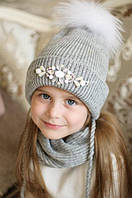 Зимова шапка для дівчинки з хутряним помпоном "Луїза".
