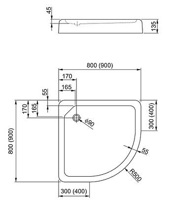 Напівкруглий душовий піддон Aquatorm Standard дрібний з інтегрованим корпусом 80x80, фото 3