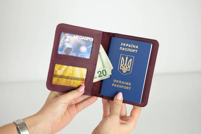 Шкіряна обкладинка для документів Модель №14, натуральна Вінтажна шкіра, колір Бордо, фото 1
