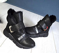 Ботиночки женские высокие зимние без каблука кожа/замша черные TOPs1164