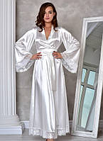 Вишуканий довгий атласний халат для нареченої Перлинний (Молочний). Розміри від XS до XL