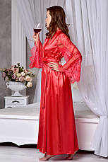 Шикарний атласний халат із довгим мереживним рукавом Червоний. Розміри від XS до XXXL, фото 3