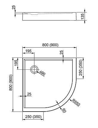 Напівкруглий душовий піддон Aquatorm Plus 550 дрібний з інтегрованим корпусом 80х80, фото 2