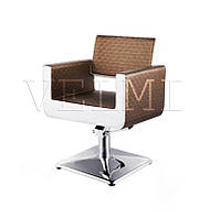 Кресло парикмахерское Gwen на гидравлике квадрат выпуклый хром, экокожа коричневая с белым (Velmi TM)