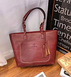 Жіноча сумка велика коричнева з пензликом з екошкіри гурт, фото 4