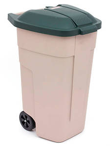 Сміттєвий бак на колесах 110 л., 58х52х88 см. бежевий із зеленою кришкою, пластиковий