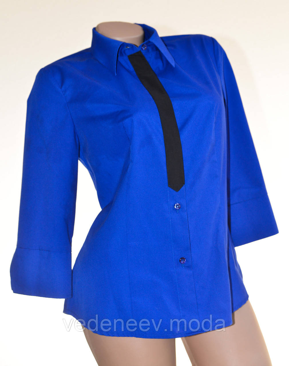 Синяя корпоративная женская блуза с рукавом 3/4 и планкой галстуком - фото 1 - id-p66870189