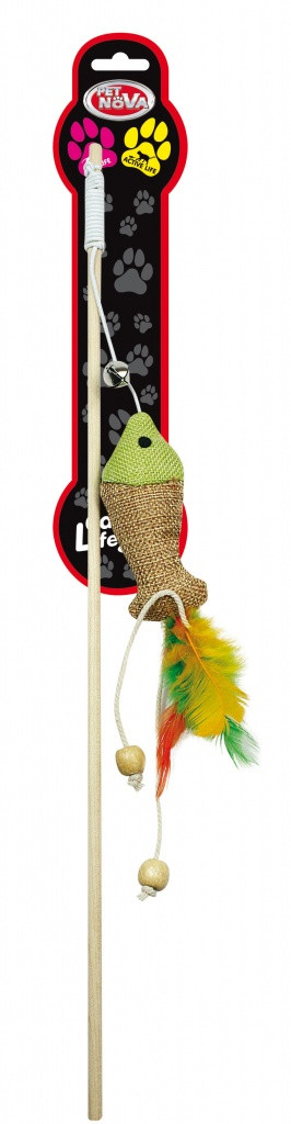 Іграшка для котів Вудка з рибкою та пір'ям Pet Nova 40 см Різнокольорова, фото 1
