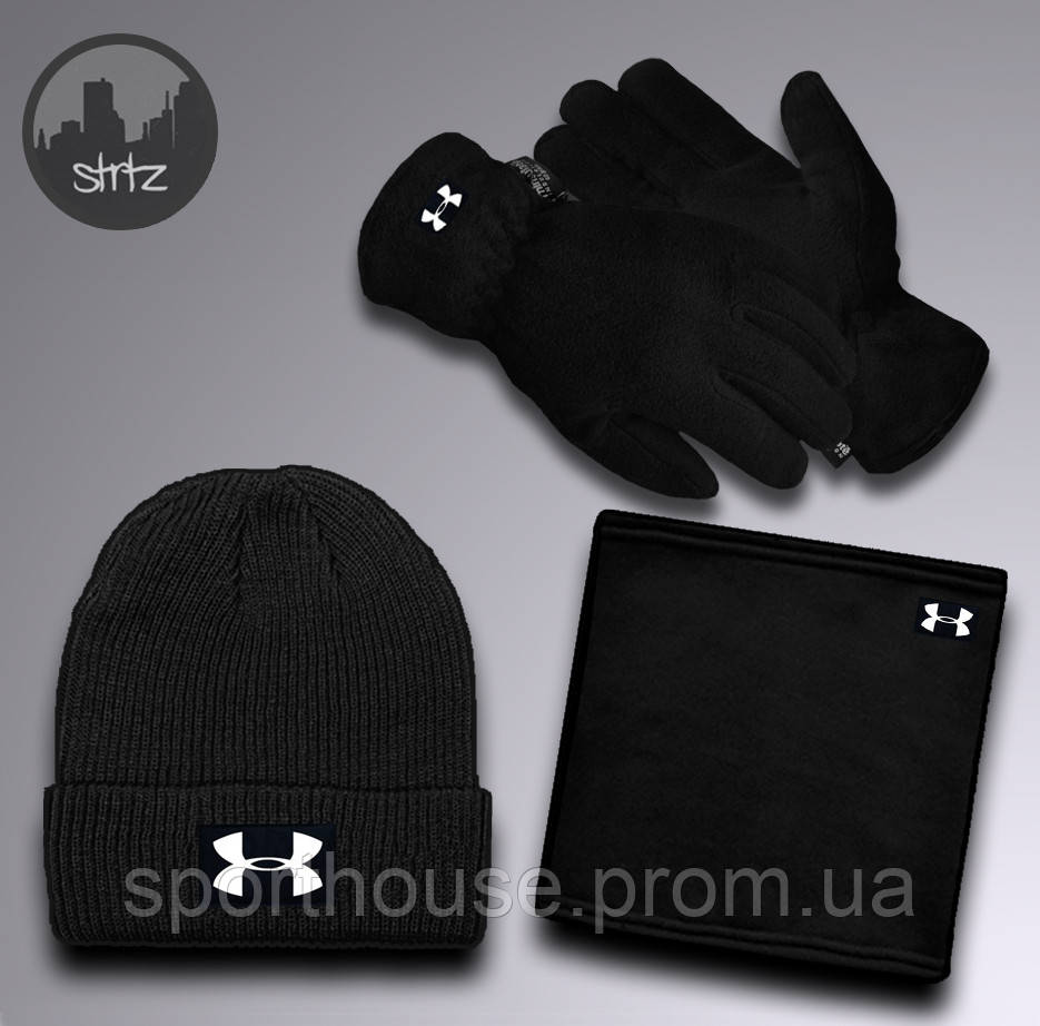Чоловічий комплект шапка + бафф + рукавички Under Armour чорного кольору (люкс)
