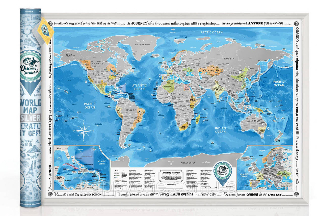 Стирающаяся скретч карта мира Discovery Map World Silver (в тубусе) на английском - фото 1 - id-p800603927