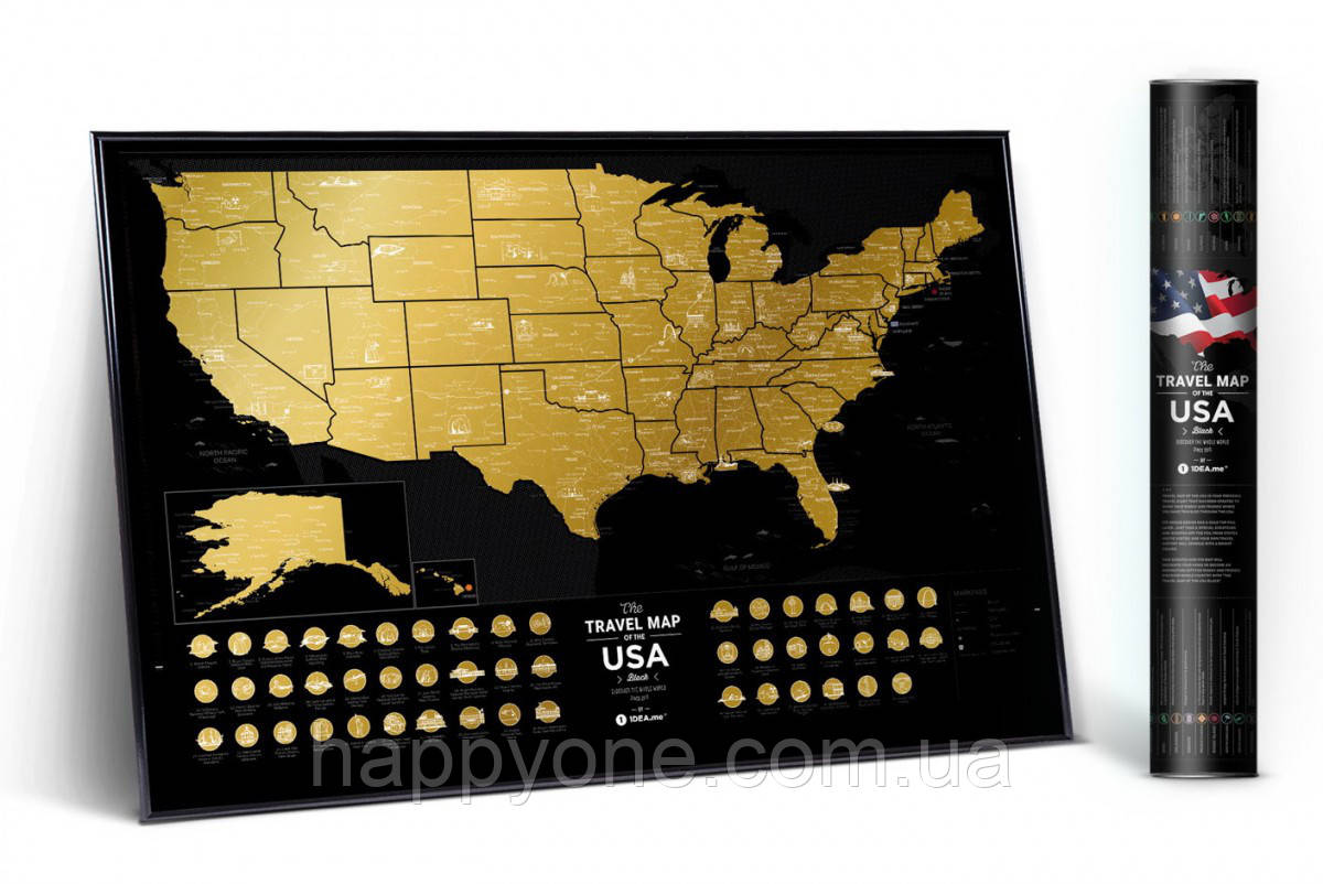 Стиральна скретч-мапа світу Travel Map of the USA Black (англійська мова) у тубусі, фото 1