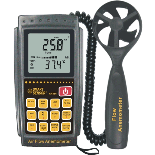 Анемометр Smart Sensor AR856 (SR5856) (0.3-45м/с) з виносним датчиком і пам'яттю на 500 заст.,ПО, Софт