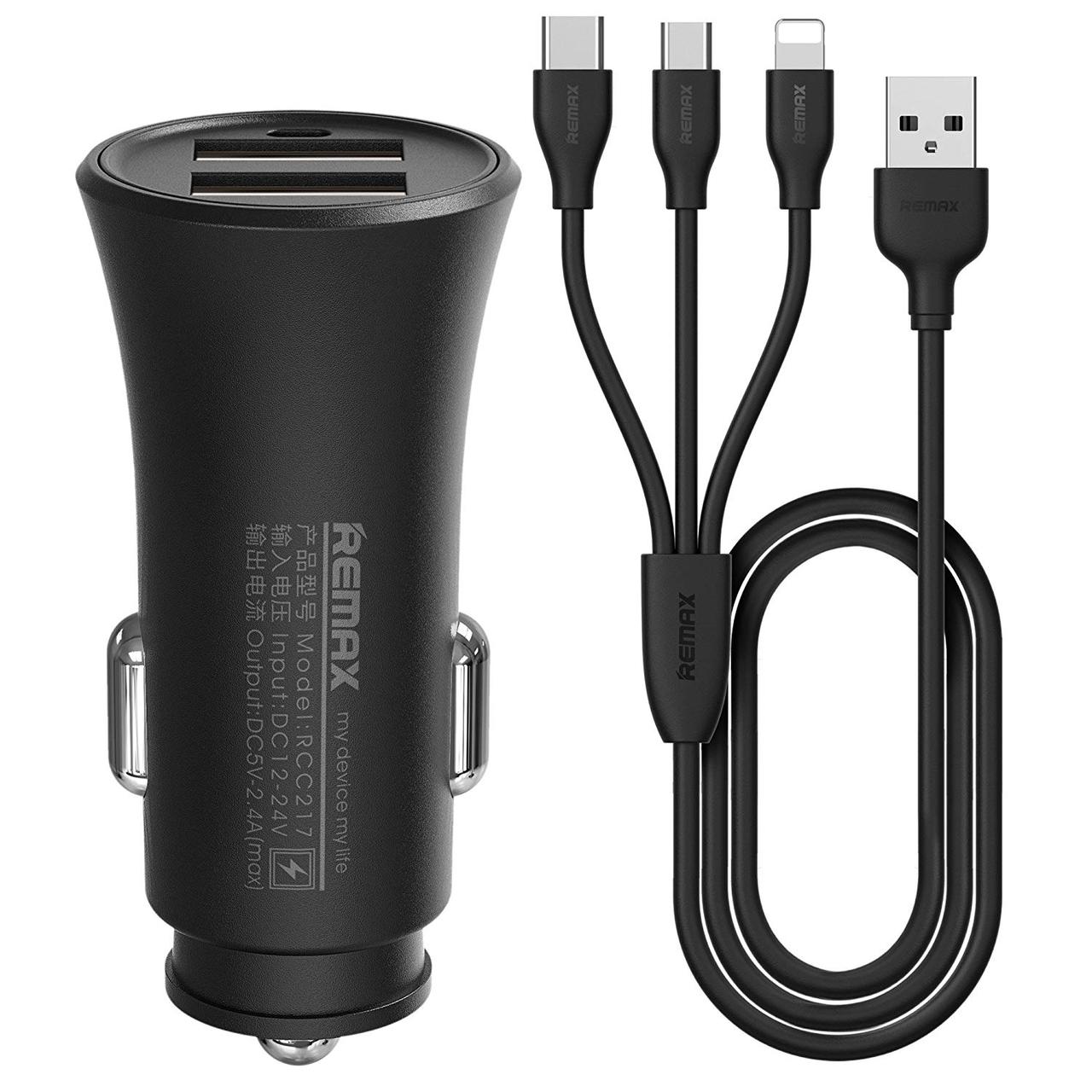 Автомобільний зарядний пристрій Remax RCC-217 2.4 A 2*USB + 3-in-1 кабель (Lightning/microUSB/Type-C) black