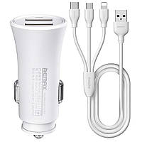 Автомобільний зарядний пристрій Remax RCC-217 2.4 A 2*USB + 3-in-1 кабель (Lightning/microUSB/Type-C) white