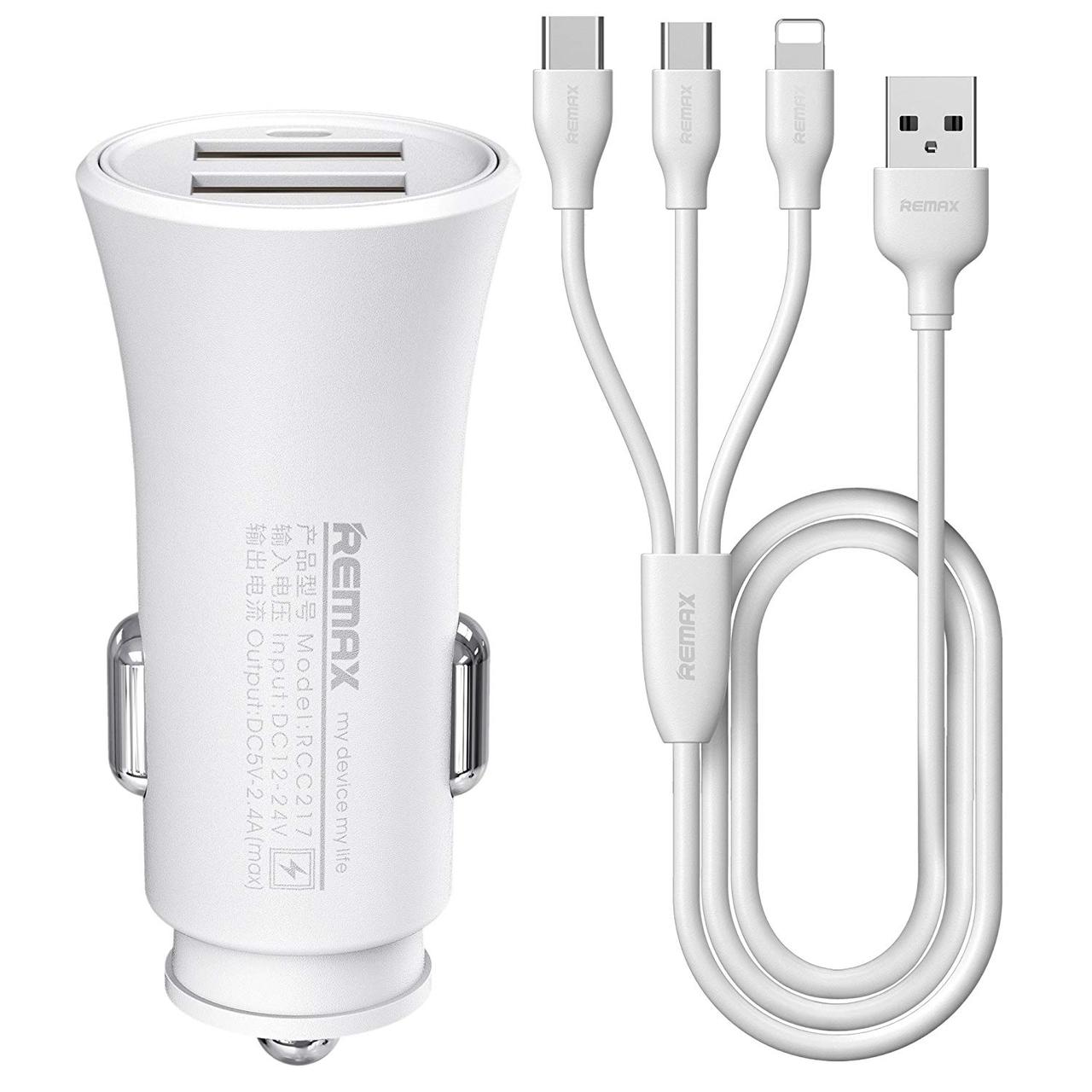 Автомобільний зарядний пристрій Remax RCC-217 2.4 A 2*USB + 3-in-1 кабель (Lightning/microUSB/Type-C) white, фото 1
