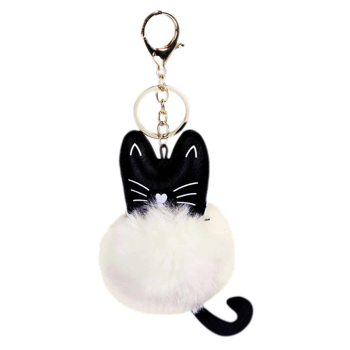 Брелок Кіт, Штучна шкіра + Помпон, Кільця і ланцюг для ключів, Колір: Золото, Білий, Чорний, 19 см