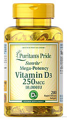 Puritan's Pride Vitamin D3 10,000 IU, Витамин Д3 250 мкг (200 капс.)