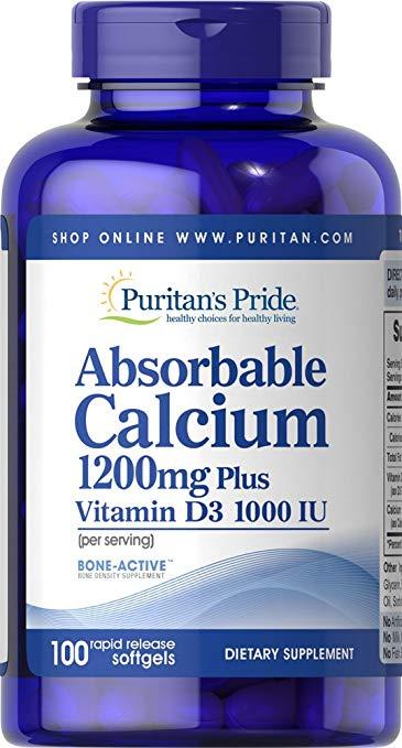 Puritan's Pride Absorbable Calcium 1200 mg Plus vitamin D3 2,5 mg, Абсорбований кальцій + Д-3 (100 капс.)