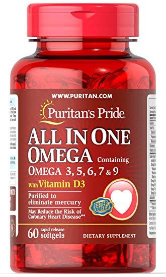 Puritan's Pride All In One Omega 3, 5, 6, 7 & 9 with Vitamin D3, Риб'ячий жир комплекс плюс D-3 (60 капс.)