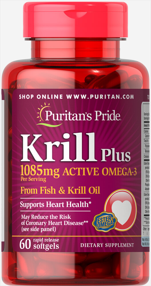 Puritan's Pride Krill Oil Plus High Omega-3 Concentrate 1085 mg, Олія криля й Омега-3 риб'ячий жир (60 капс.)