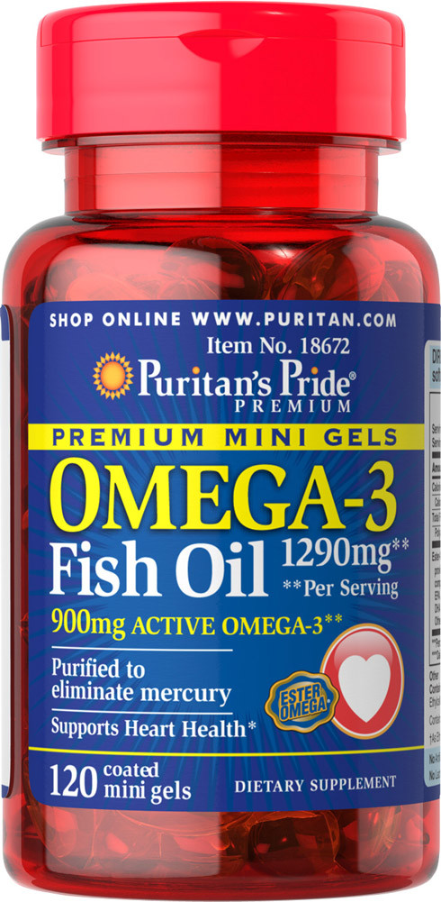 Puritan's Pride Omega-3 Fish Oil 1290 mg, Омега-3, Риб'ячий жир, Mini Gels (900 mg Active Omega-3) (120 капс.)