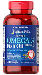 Puritan's Pride Omega-3 Fish Oil Coated 1000 mg, Рыбий Жир, (300 mg Active Omega-3) (200 капс.)