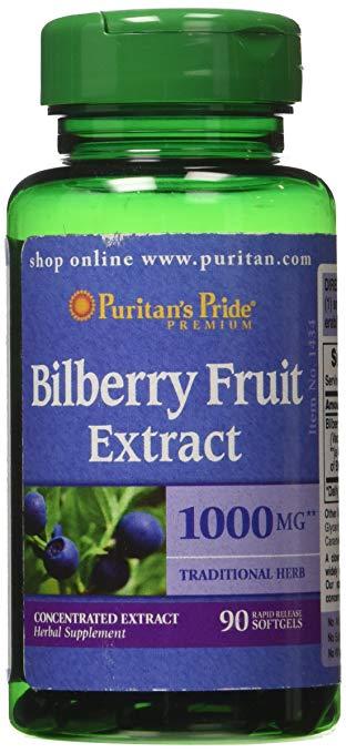 Puritan's Pride Bilberry 4:1 Extract 1000 mg, Екстракт чорниці (90 капс.)